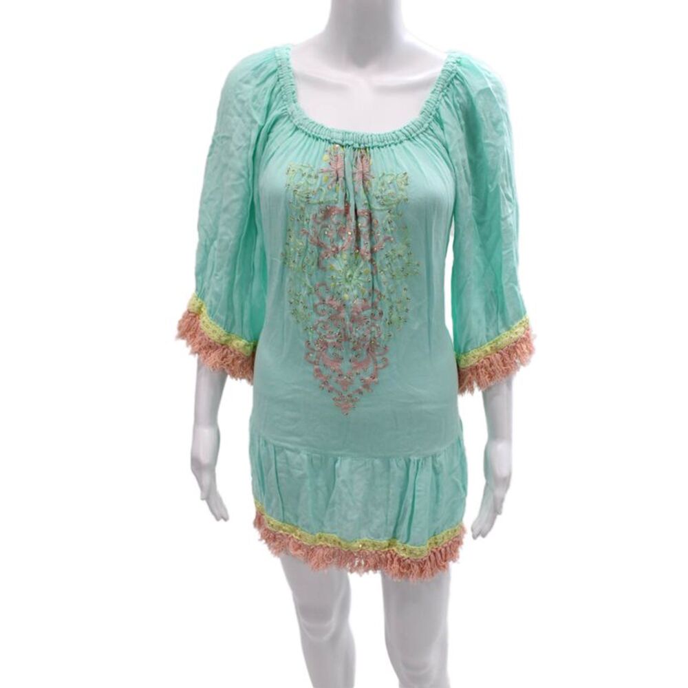 Miss June Women Tunic Blue Rayon Scoop Neck 3/4 Sleeve Solid Size One Size